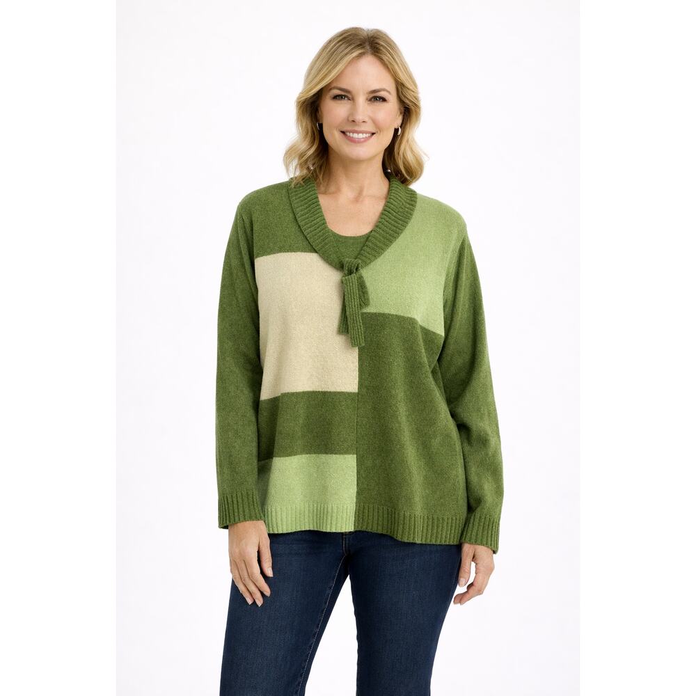 Erika Womens Color Block Green Knit Sweater 2XL Tie Neck